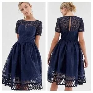 Nwtgs Chi Chi London Navy Blue Lace Illusion Neckline APRIL Dress SZ 6 UK8
